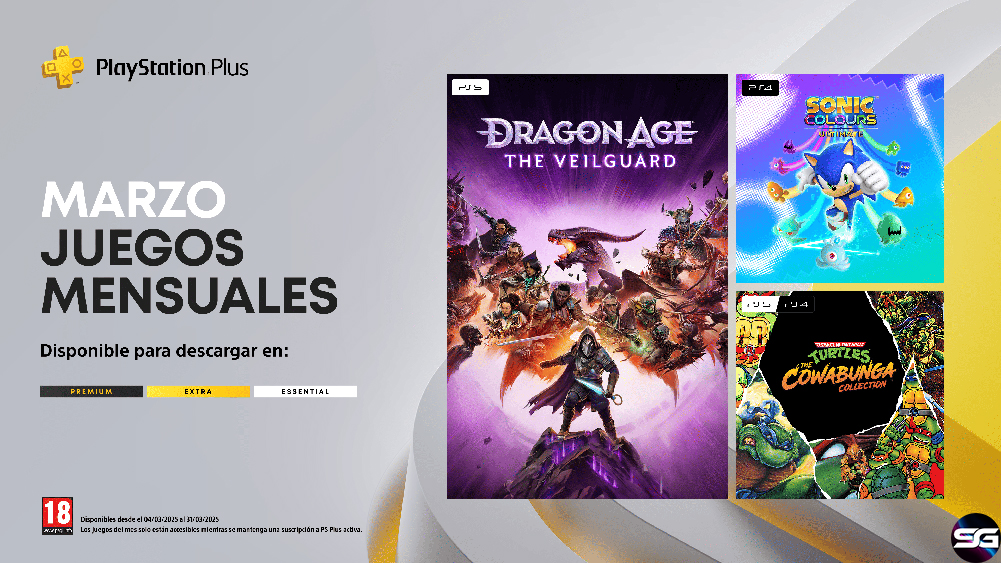 Dragon Age: The Veilguard, Sonic Colours: Ultimate y Teenage Mutant Ninja Turtles: The Cowabunga Collection llegan a PlayStation®Plus como juegos del mes de marzo  